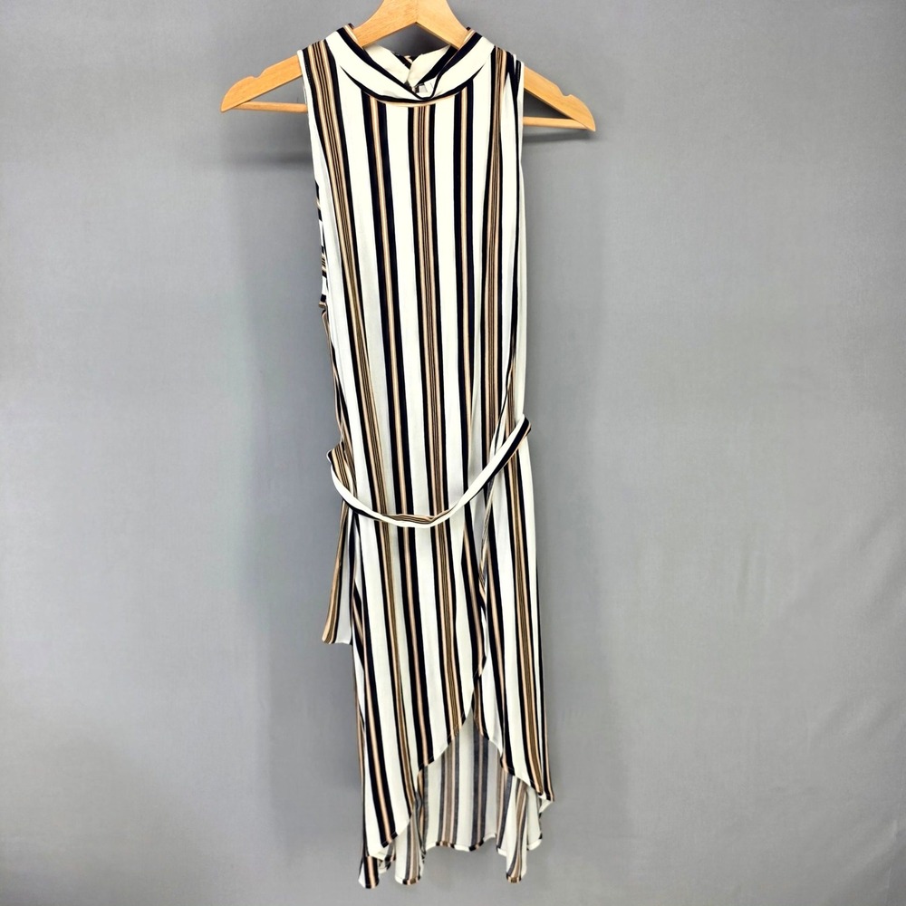 Leith Striped Wrap Midi Dress Womens S White Tan Black Sleeveless High Neck Tie